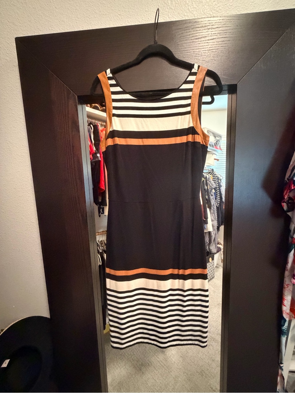 White House Black Market Black, White & Tan Striped Midi Sheath Dress